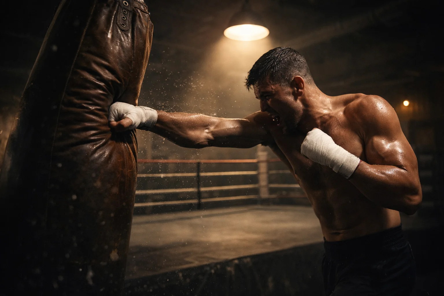 Analyser un combat de boxe avant de parier : boxeur concentré à l'entraînement au sac de frappe
