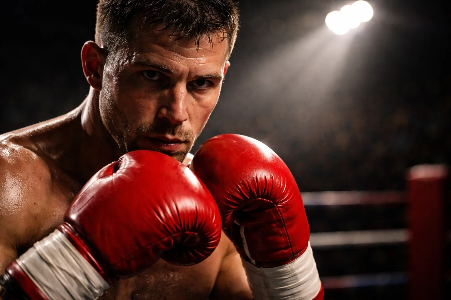 Betclic boxe : gros plan sur un boxeur concentré avant le combat avec gants lacés