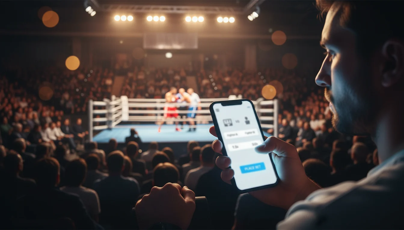 Cash out paris boxe : main d'homme tenant un smartphone pendant un combat de boxe dans une salle