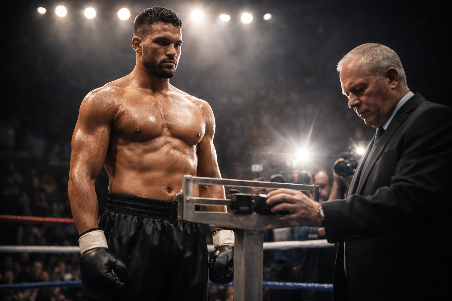 Catégories de poids en boxe : boxeur poids lourd lors de la pesée officielle avant le combat