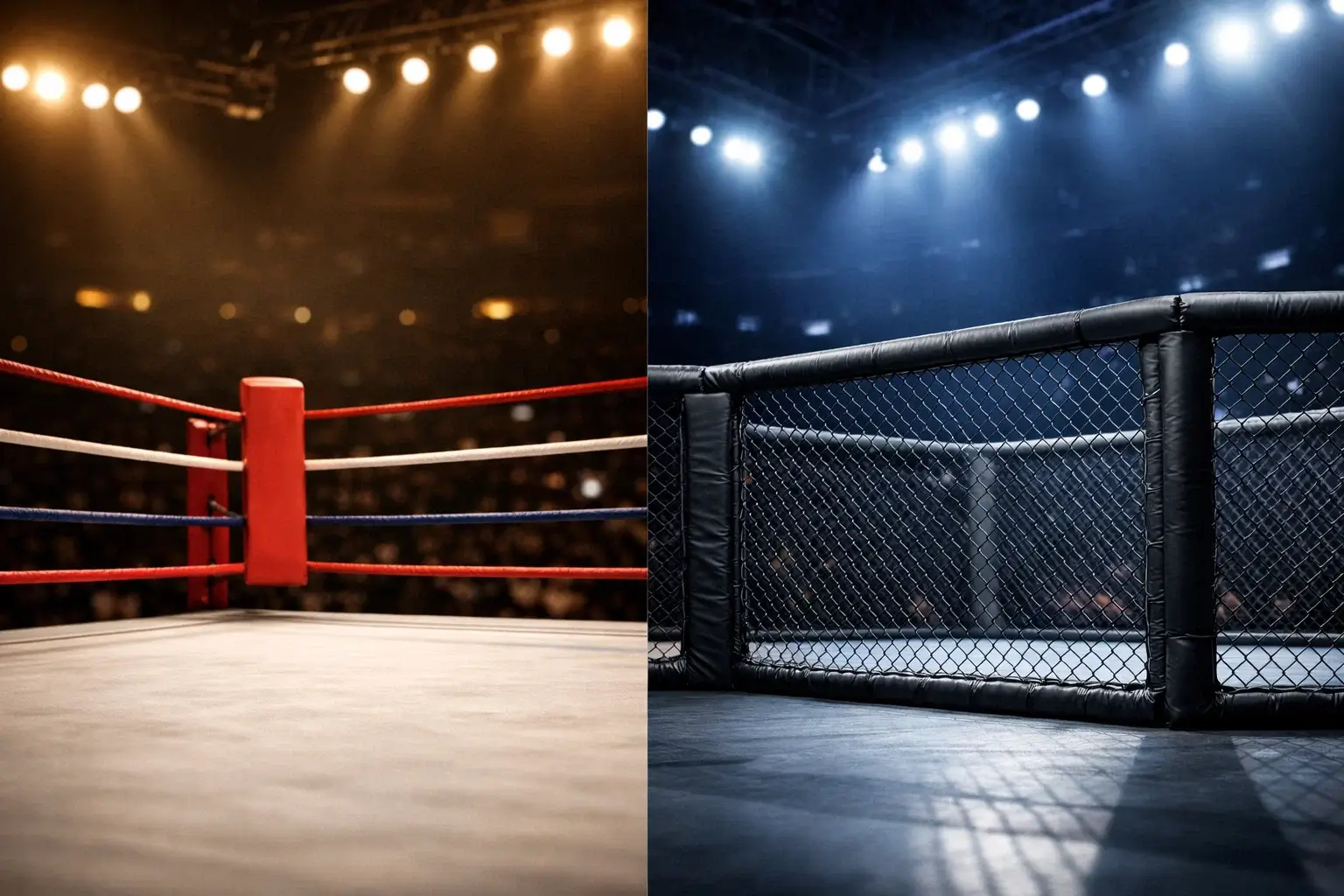 Comparaison boxe vs MMA : ring de boxe et cage octogonale côte à côte sous les lumières