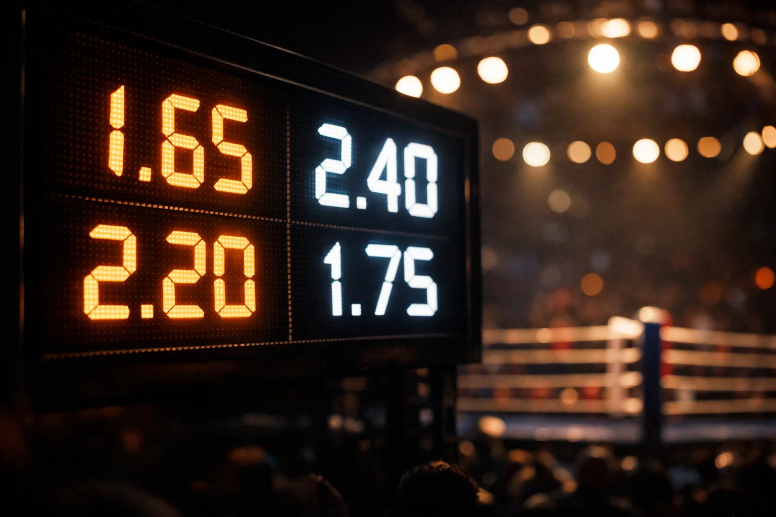 Cotes décimales boxe : tableau de cotes affiché sur un écran dans une ambiance de soirée de boxe