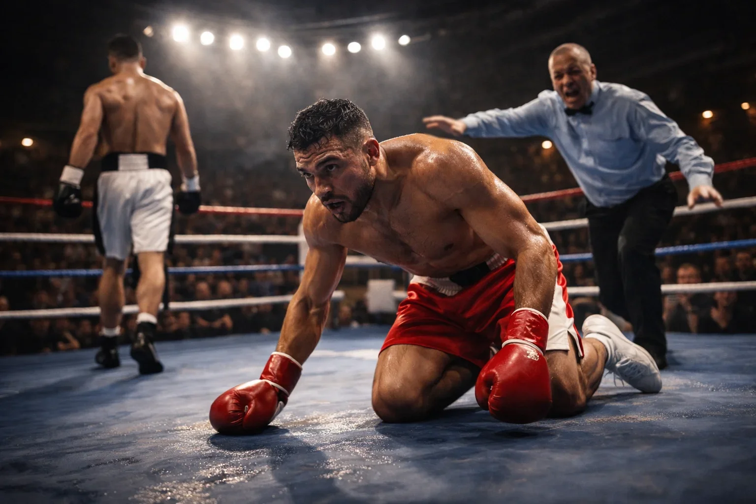 Erreurs fréquentes paris boxe : boxeur au sol après un knockdown inattendu sur le ring