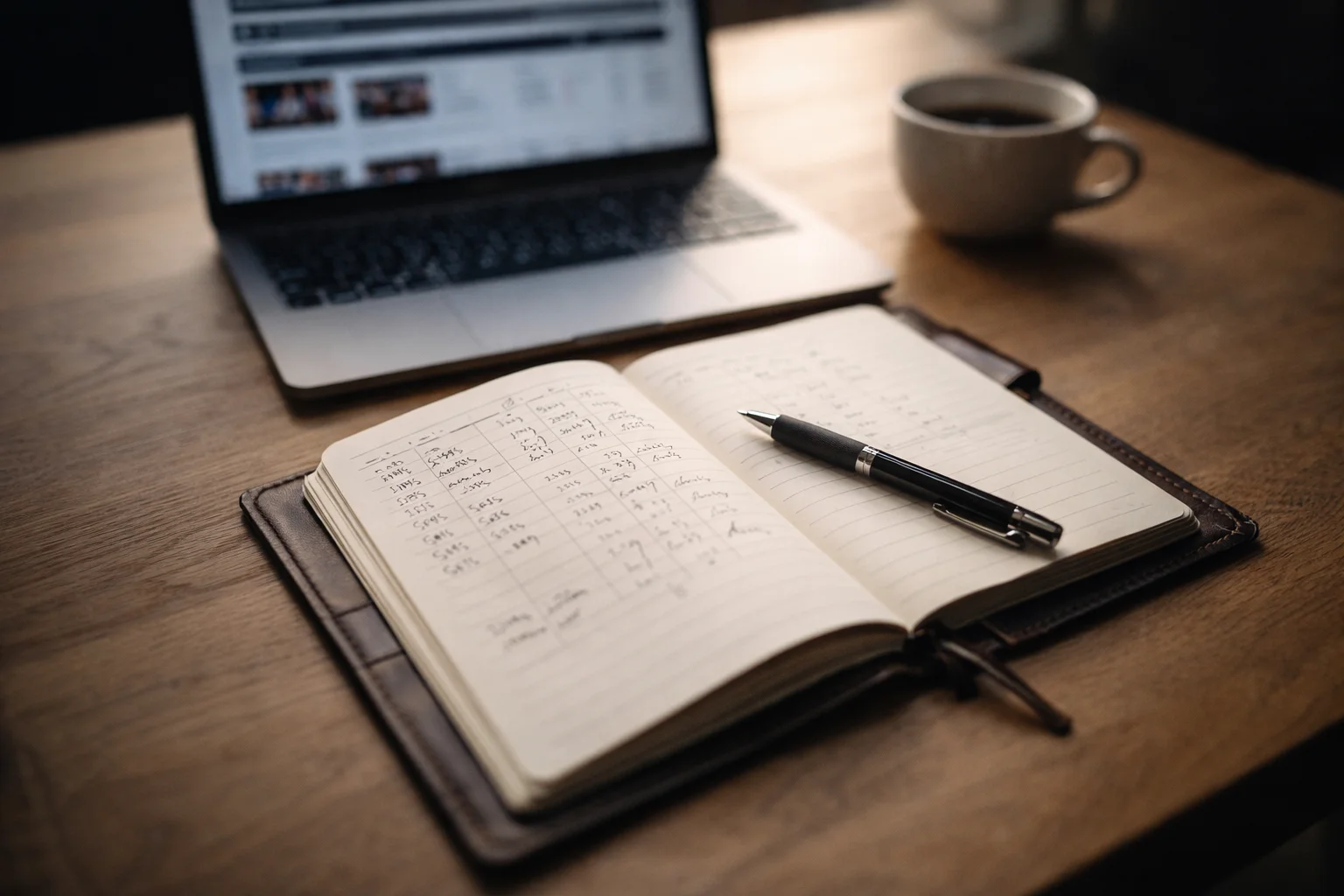 Gestion de bankroll paris boxe : carnet de notes ouvert avec stylo posé sur une table à côté d'un écran