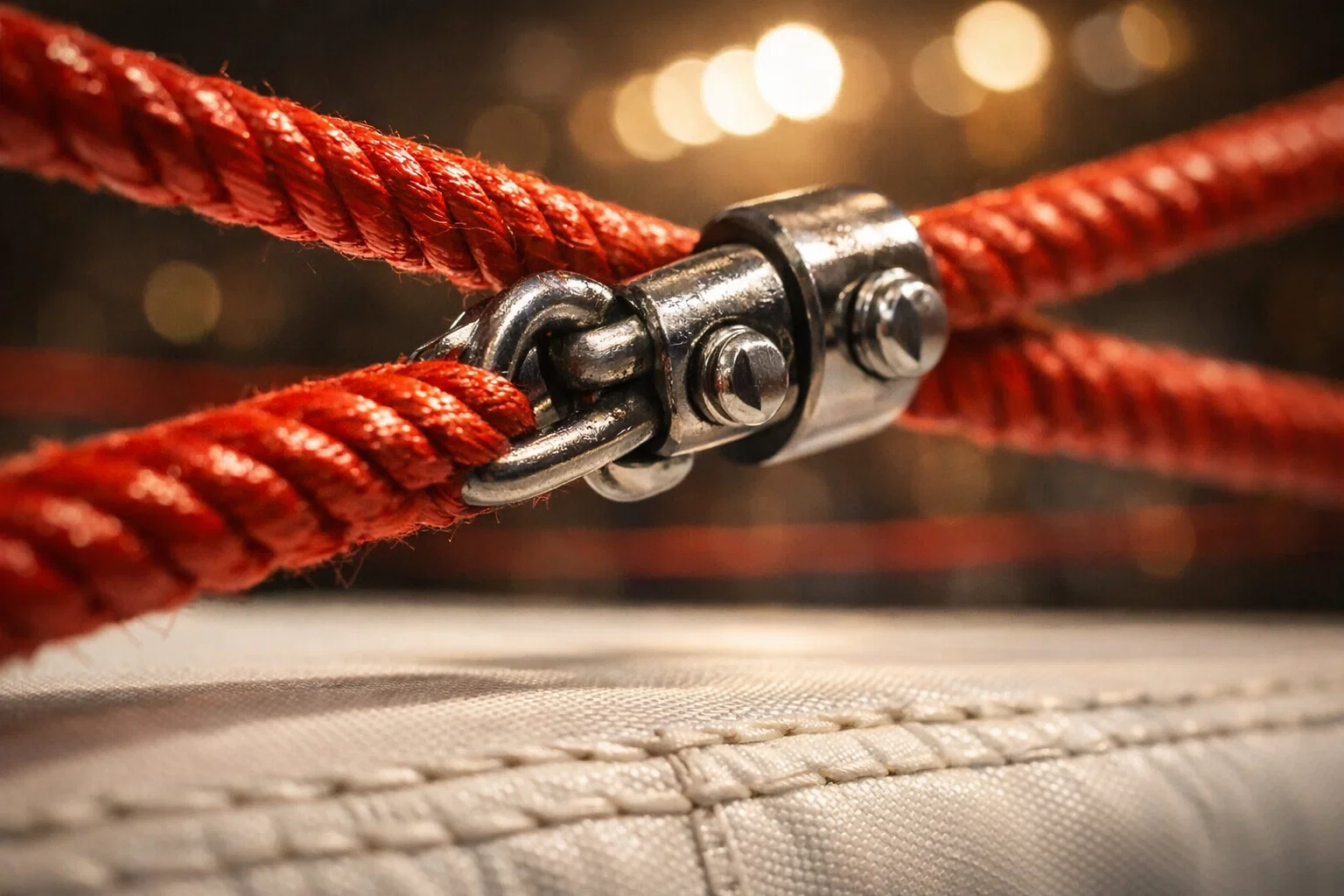 Lexique des paris boxe : gros plan sur des gants de boxe et des cordes de ring en détail
