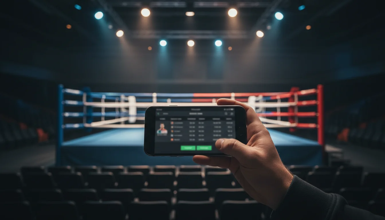 Comparatif des meilleurs sites de paris boxe en France : smartphone affichant des cotes de boxe à côté d'un ring