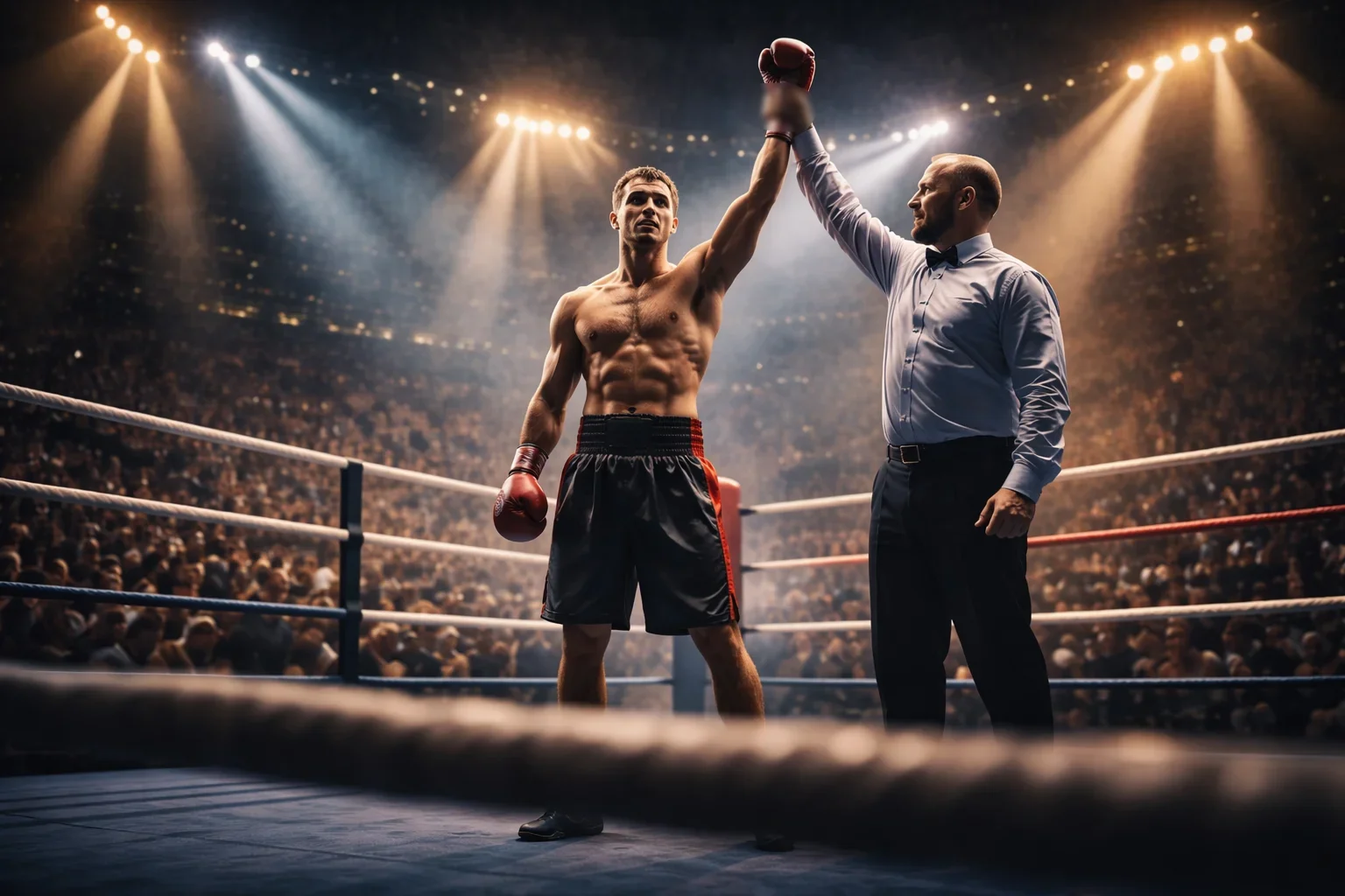 Pari moneyline boxe : boxeur victorieux sur le ring avec éclairage dramatique