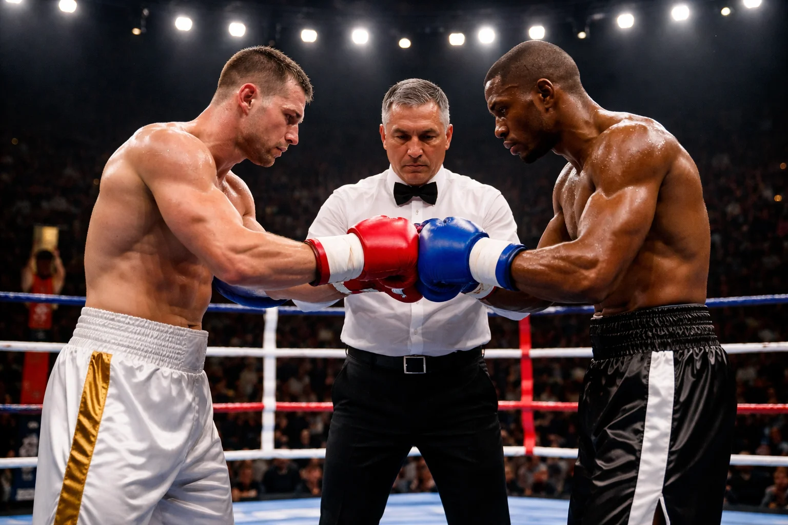 Pari over under rounds boxe : deux boxeurs face à face au centre du ring sous les projecteurs