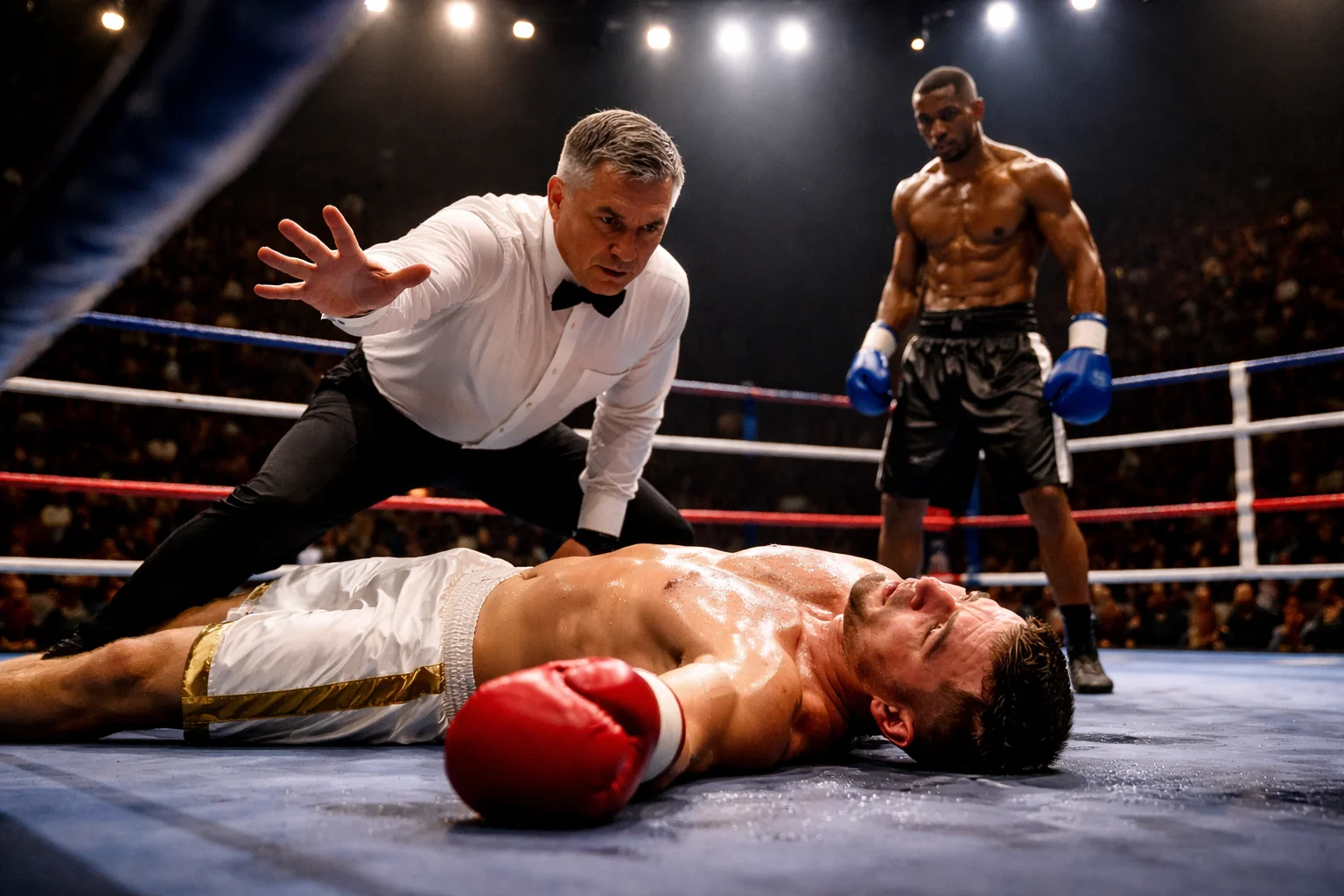 Pari round exact boxe : arbitre comptant un boxeur au tapis sous les lumières du ring