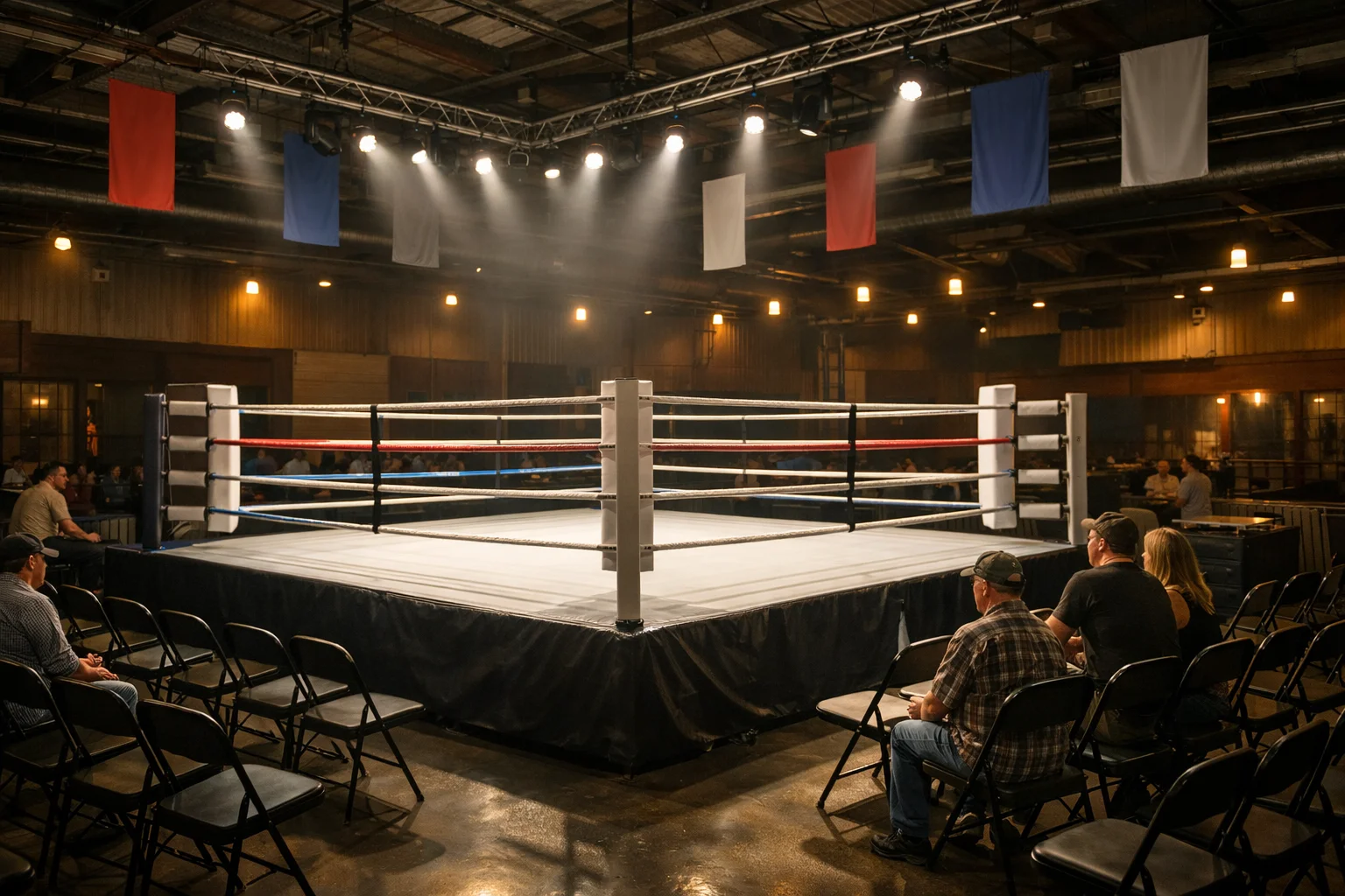 ParionsSport boxe : salle de boxe avec ring au centre et spectateurs en arrière-plan