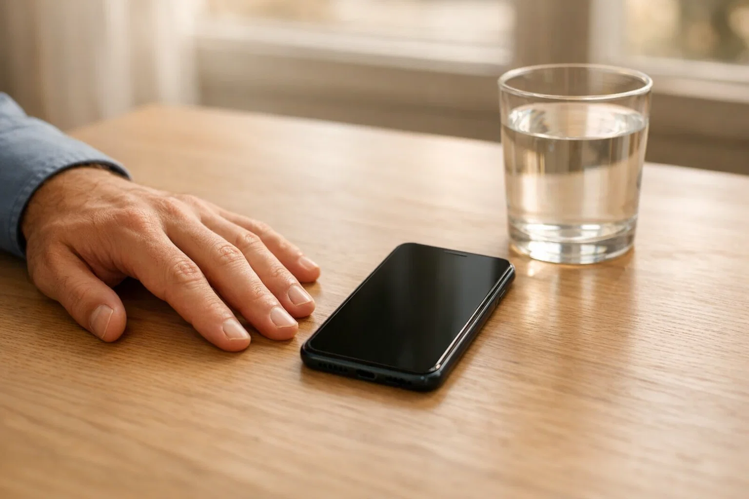 Paris boxe et jeu responsable : main posée calmement sur une table à côté d'un smartphone éteint