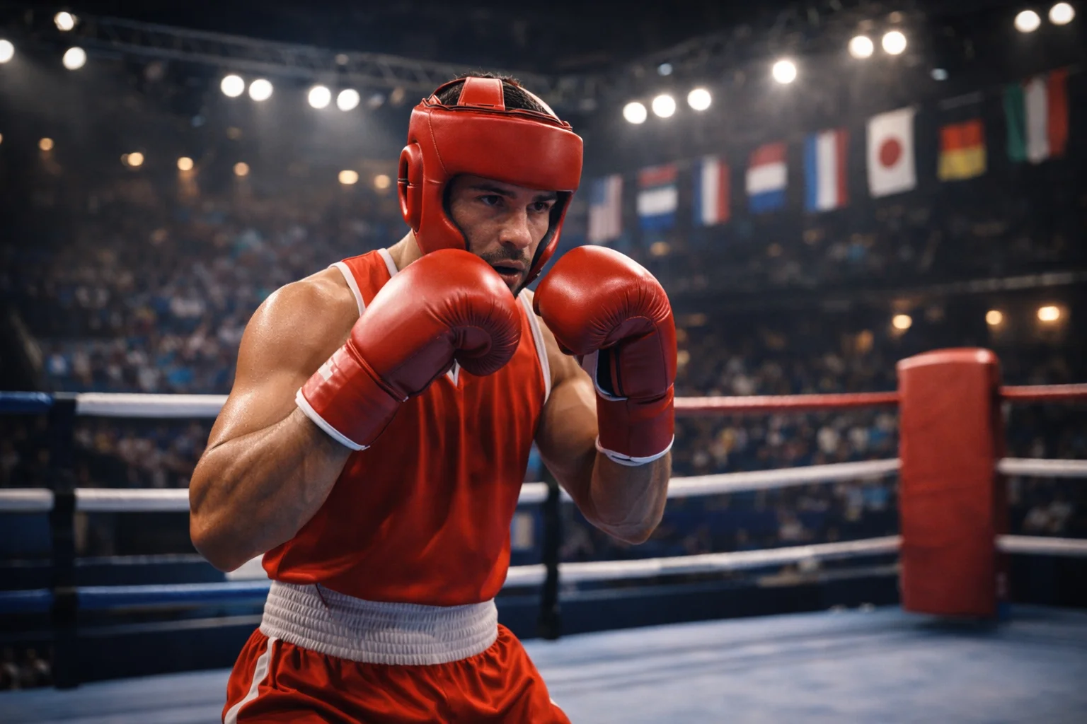 Paris boxe Jeux Olympiques : boxeur amateur en tenue olympique avec casque de protection sur le ring