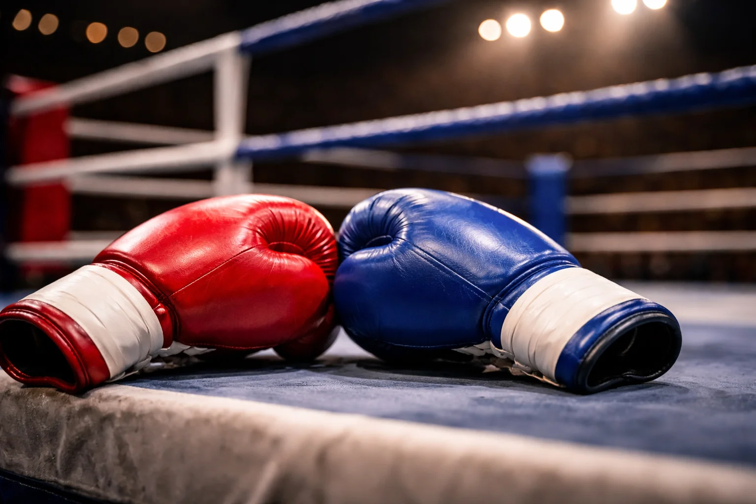 Paris combinés boxe : gros plan sur des gants de boxe posés au bord du ring avec éclairage de gala
