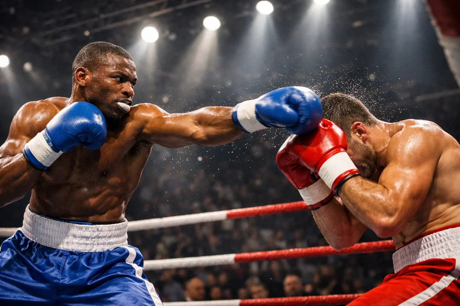 Paris en direct sur la boxe : vue rapprochée d'un combat de boxe sous les projecteurs du ring