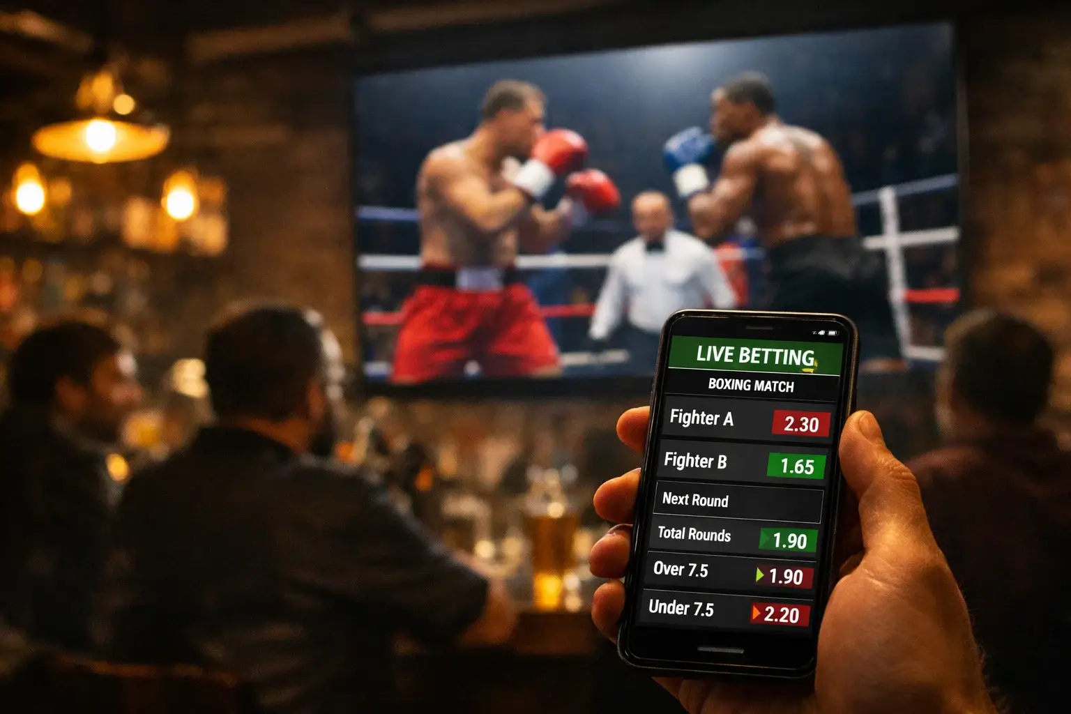 Spectateurs regardant un combat de boxe en direct dans une salle avec ecrans de cotes