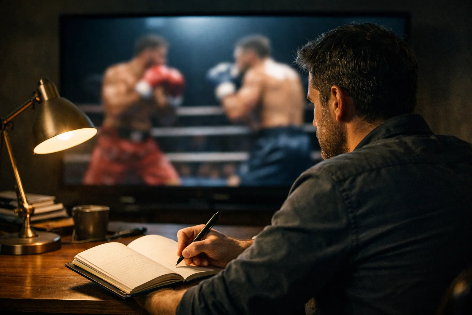 Pronostics boxe : homme regardant un combat de boxe sur un écran tout en prenant des notes