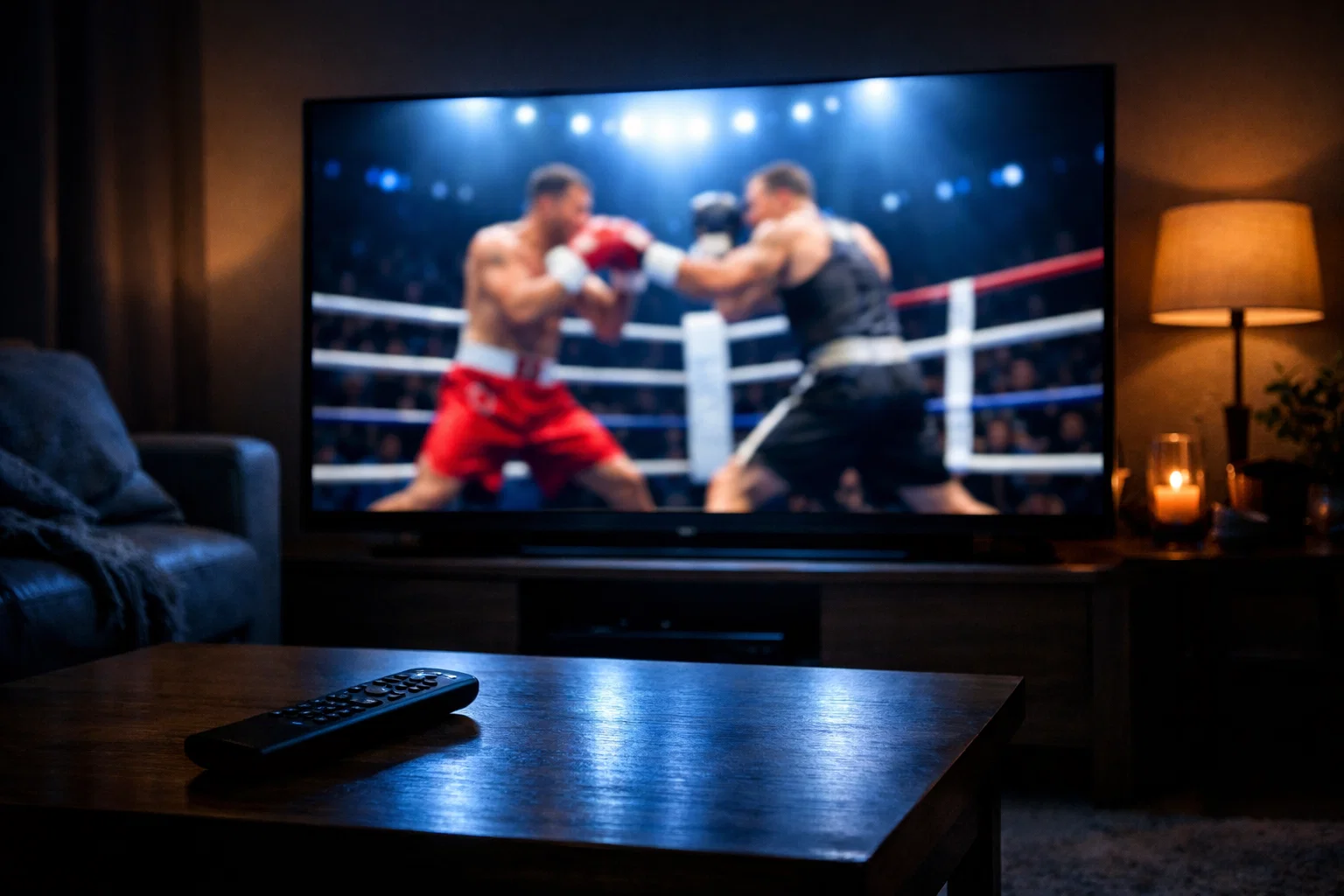 Regarder la boxe en direct : téléviseur affichant un combat de boxe dans un salon sombre