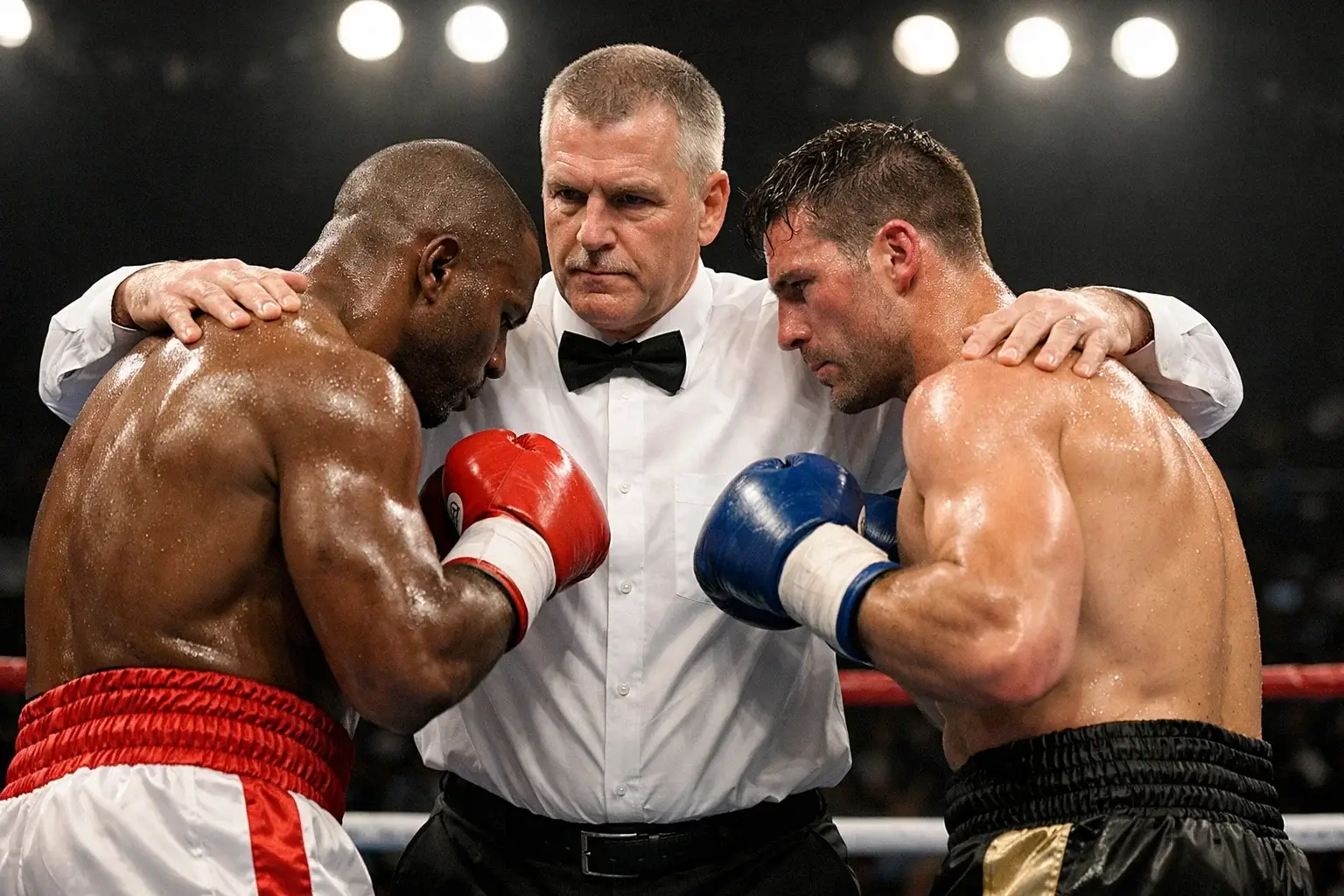 Règles de la boxe pour les parieurs : arbitre séparant deux boxeurs au centre du ring