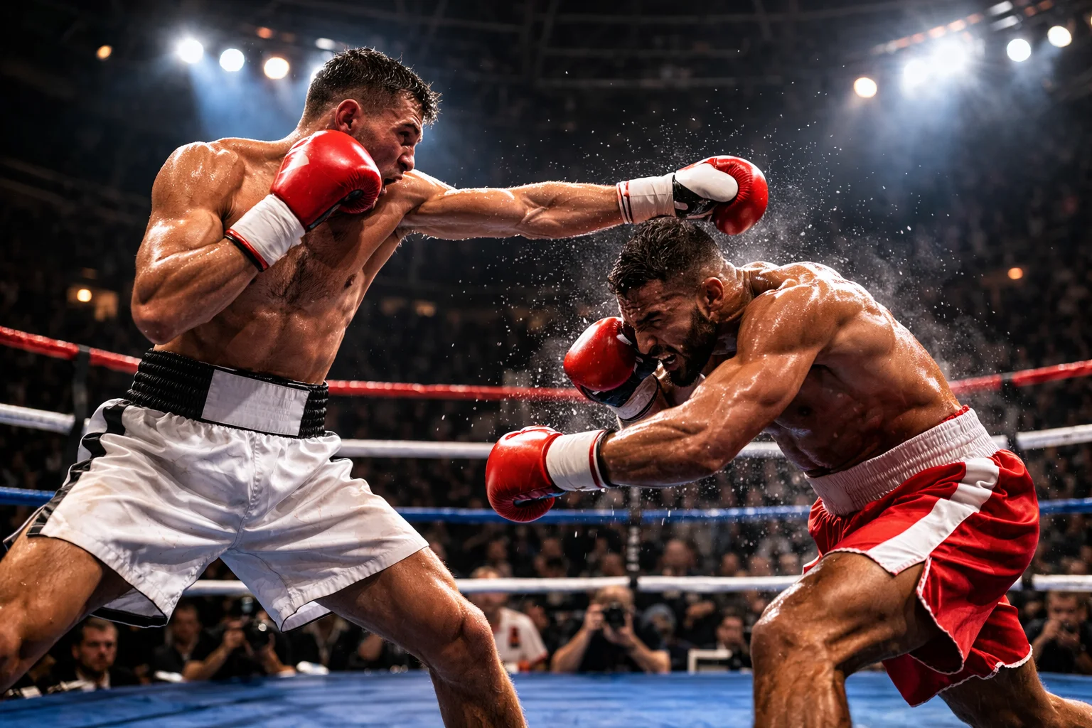 Styles de combat en boxe : deux boxeurs aux styles opposés échangeant des coups sur le ring