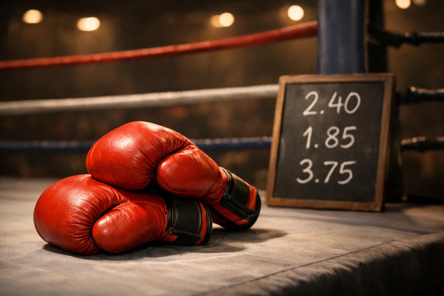 Types de paris sur la boxe : gants de boxe posés sur le bord d'un ring avec un tableau de cotes en arrière-plan