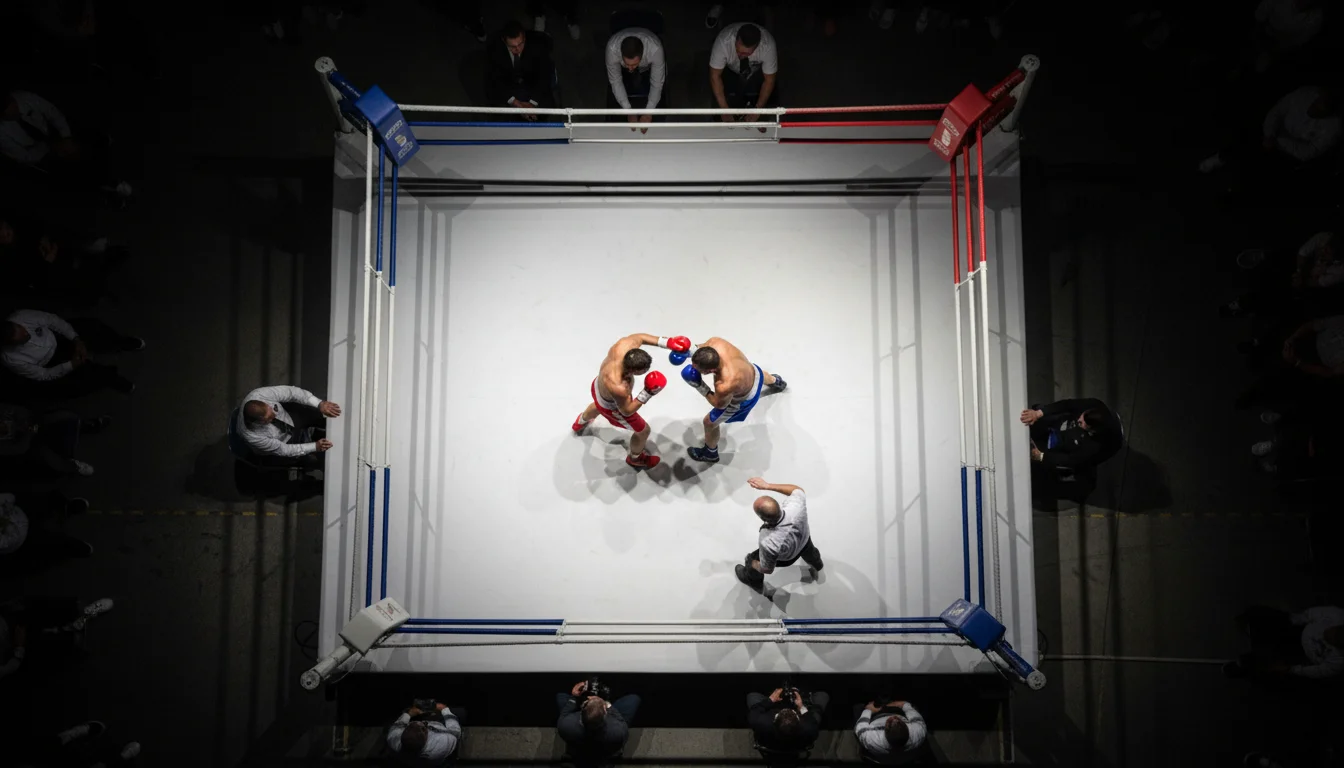 Unibet boxe : vue plongeante sur un ring de boxe professionnel éclairé pendant un combat