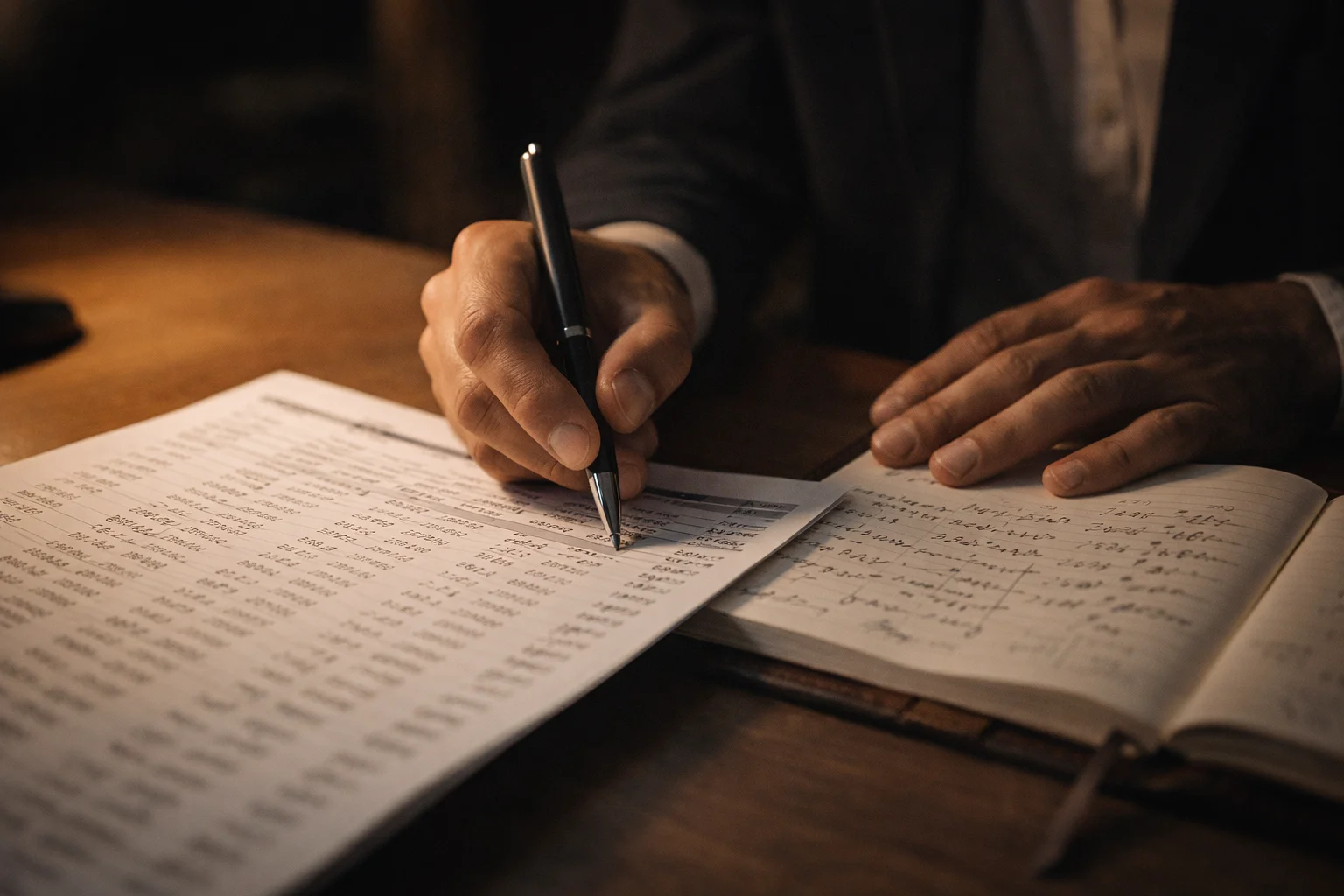 Value bet boxe : gros plan sur les mains d'un homme analysant des documents avec un stylo