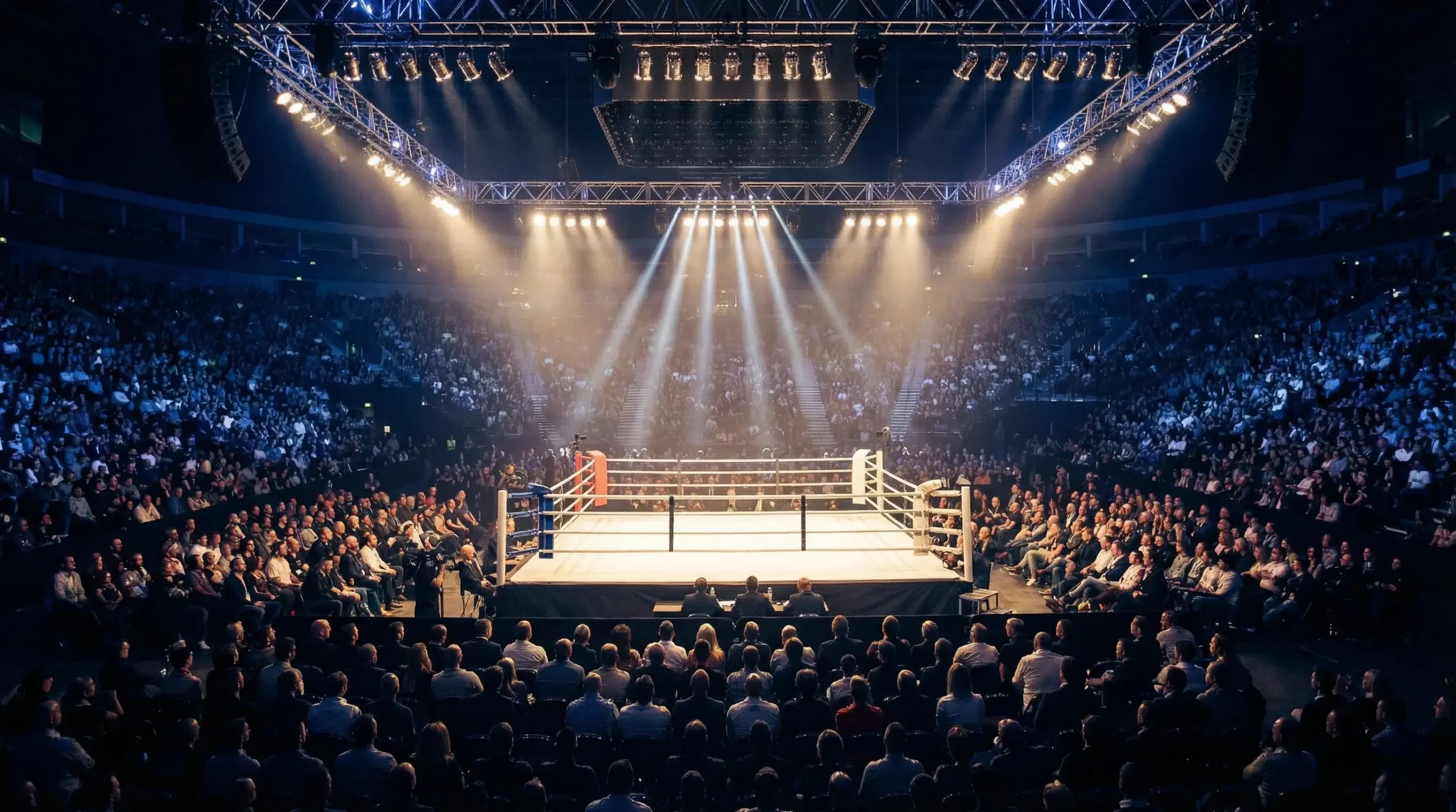 Winamax boxe : ambiance de soirée de boxe avec ring éclairé dans une grande salle
